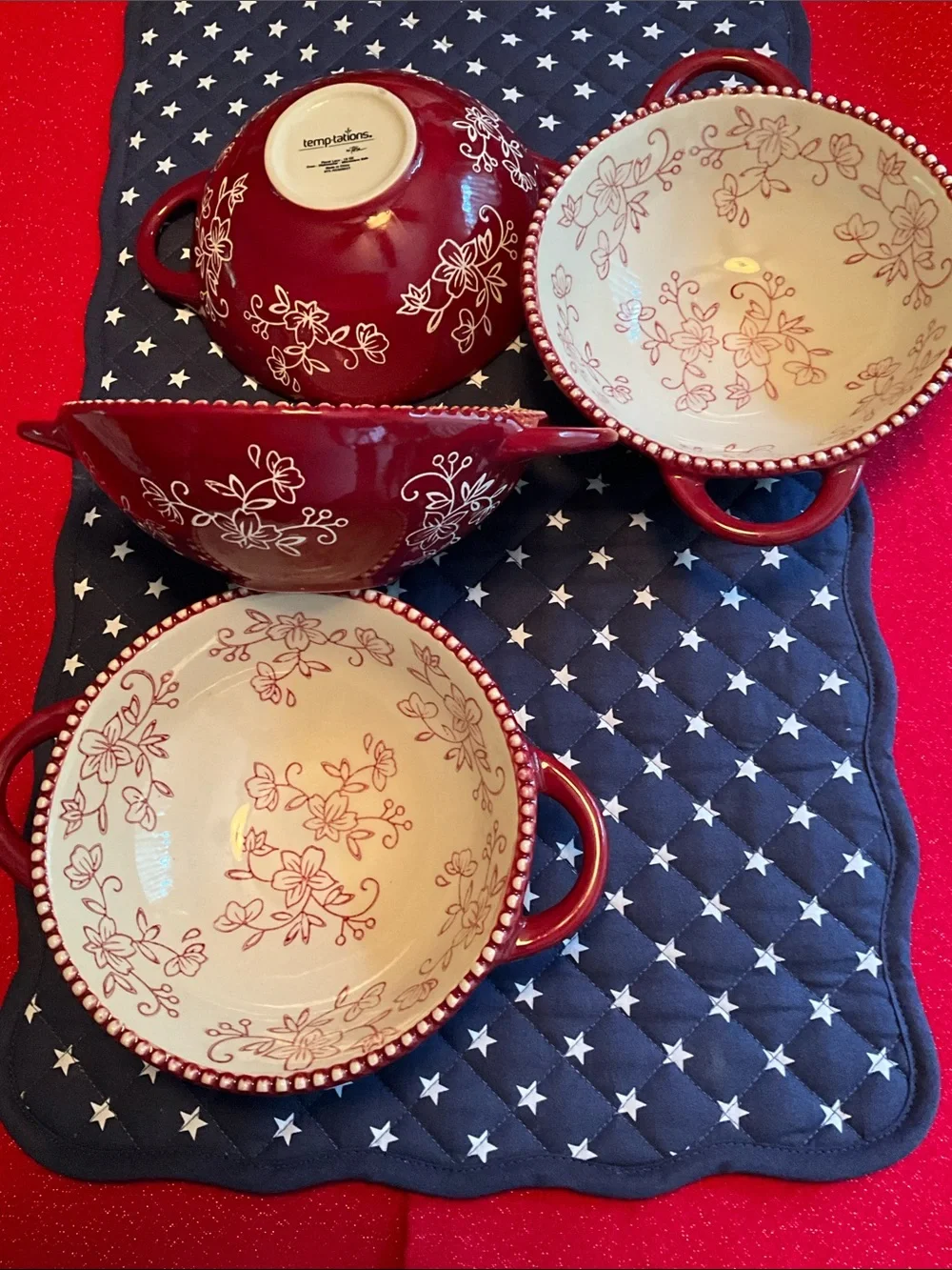 EUC Temp-Tations Red Floral Trim Stoneware Bowls (Set of 4)